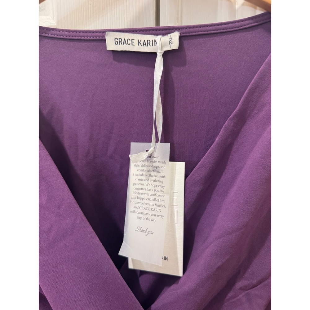 Grace Karin Womens Purple Ruched Surplice V-Neck Long Sleeve Blouse Top 2XL NWT - Picture 3 of 8